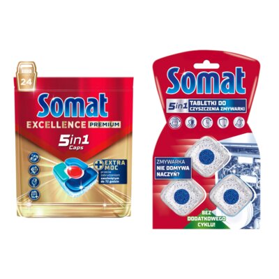 Tabletki do zmywarek SOMAT Excellence Premium 5w1 - 24 szt. + Kapsułki do czyszczenia zmywarki SOMAT Machine Cleaner - 3 szt.