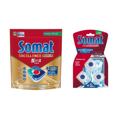 Tabletki do zmywarek SOMAT Excellence Premium 5w1 - 24 szt. + Kapsułki do czyszczenia zmywarki SOMAT Machine Cleaner - 3 szt.