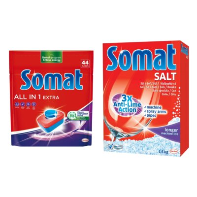 Tabletki do zmywarek SOMAT All In One Extra - 44 szt. + Sól do zmywarek SOMAT 1.5 kg