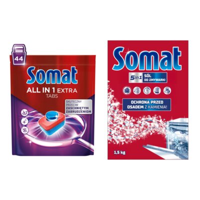 Tabletki do zmywarek SOMAT All In One Extra - 44 szt. + Sól do zmywarek SOMAT 1.5 kg