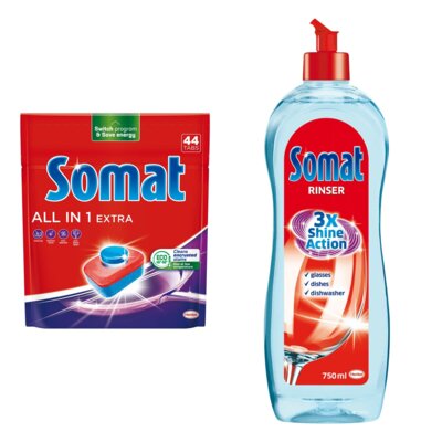 Tabletki do zmywarek SOMAT All In One Extra - 44 szt. + Nabłyszczacz do zmywarek SOMAT Rinser 750 ml