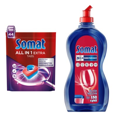 Tabletki do zmywarek SOMAT All In One Extra - 44 szt. + Nabłyszczacz do zmywarek SOMAT Rinser 750 ml
