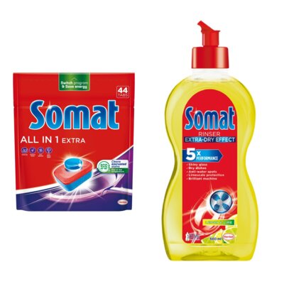 Tabletki do zmywarek SOMAT All In One Extra - 44 szt. + Nabłyszczacz do zmywarek SOMAT Lemon & Lime 500 ml
