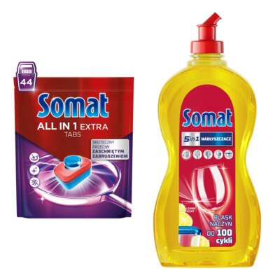 Tabletki do zmywarek SOMAT All In One Extra - 44 szt. + Nabłyszczacz do zmywarek SOMAT Lemon & Lime 500 ml