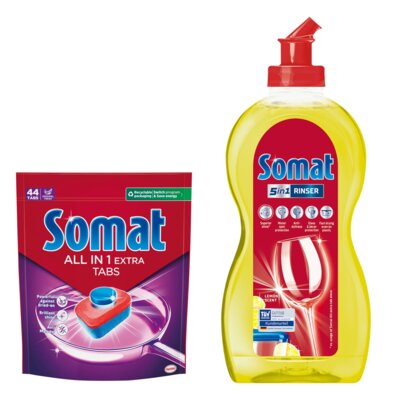 Tabletki do zmywarek SOMAT All In One Extra - 44 szt. + Nabłyszczacz do zmywarek SOMAT Lemon & Lime 500 ml