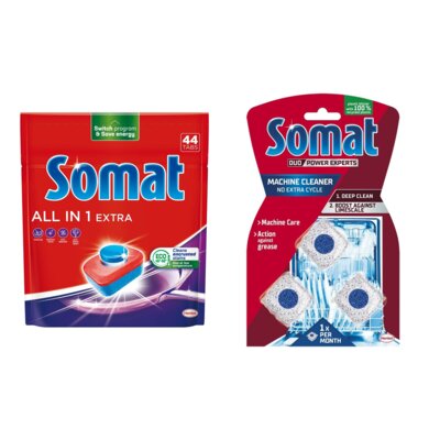 Tabletki do zmywarek SOMAT All In One Extra - 44 szt. + Kapsułki do czyszczenia zmywarki SOMAT Machine Cleaner - 3 szt.