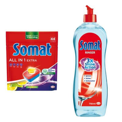 Tabletki do zmywarek SOMAT All In One Extra Lemon - 44 szt. + Nabłyszczacz do zmywarek SOMAT Rinser 750 ml