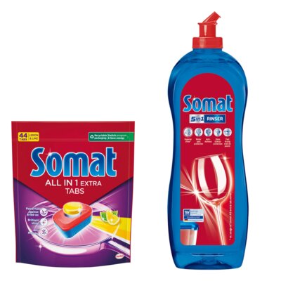 Tabletki do zmywarek SOMAT All In One Extra Lemon - 44 szt. + Nabłyszczacz do zmywarek SOMAT Rinser 750 ml