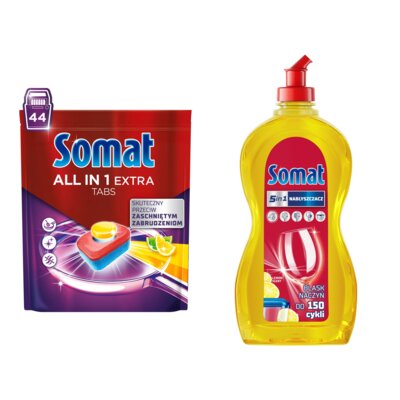 Tabletki do zmywarek SOMAT All In One Extra Lemon - 44 szt. + Nabłyszczacz do zmywarek SOMAT Lemon & Lime 750 ml