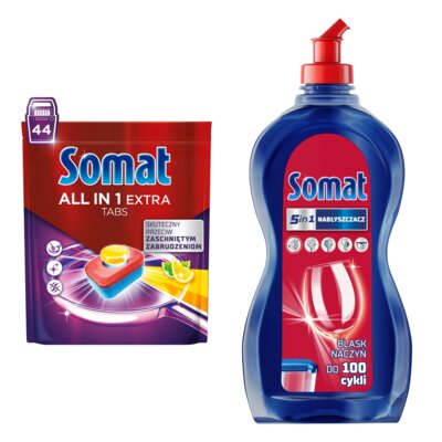 Tabletki do zmywarek SOMAT All In One Extra Lemon - 44 szt. + Nabłyszczacz do zmywarek SOMAT Original 500 ml