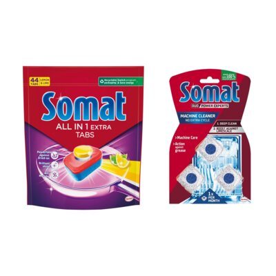 Tabletki do zmywarek SOMAT All In One Extra Lemon - 44 szt. + Kapsułki do czyszczenia zmywarki SOMAT Machine Cleaner - 3 szt.