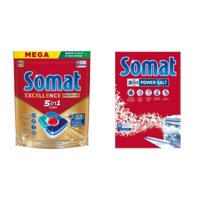 Tabletki do zmywarek SOMAT Excellence Premium 5w1 - 42 szt. + Sól do zmywarek SOMAT 1.5 kg