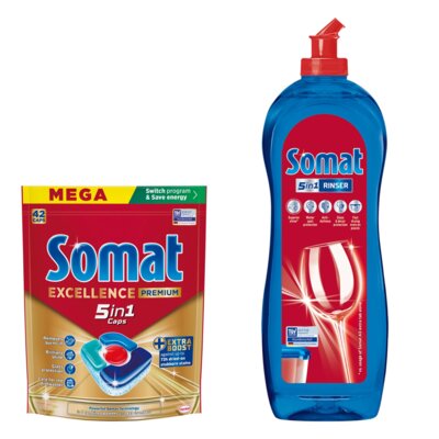 Tabletki do zmywarek SOMAT Excellence Premium 5w1 - 42 szt. + Nabłyszczacz do zmywarek SOMAT Rinser 750 ml