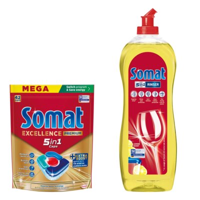 Tabletki do zmywarek SOMAT Excellence Premium 5w1 - 42 szt. + Nabłyszczacz do zmywarek SOMAT Lemon & Lime 750 ml