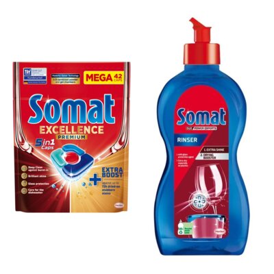 Tabletki do zmywarek SOMAT Excellence Premium 5w1 - 42 szt. + Nabłyszczacz do zmywarek SOMAT Original 500 ml