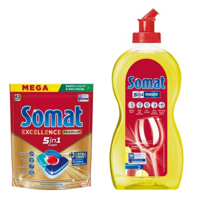 Tabletki do zmywarek SOMAT Excellence Premium 5w1 - 42 szt. + Nabłyszczacz do zmywarek SOMAT Lemon & Lime 500 ml