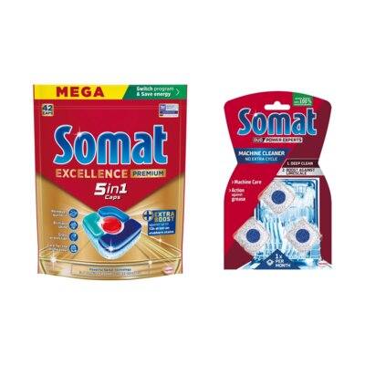 Tabletki do zmywarek SOMAT Excellence Premium 5w1 - 42 szt. + Kapsułki do czyszczenia zmywarki SOMAT Machine Cleaner - 3 szt.