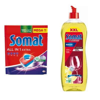 Tabletki do zmywarek SOMAT All In One Extra - 75 szt. + Nabłyszczacz do zmywarek SOMAT Lemon & Lime 750 ml