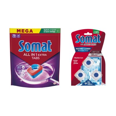 Tabletki do zmywarek SOMAT All In One Extra - 75 szt. + Kapsułki do czyszczenia zmywarki SOMAT Machine Cleaner - 3 szt.