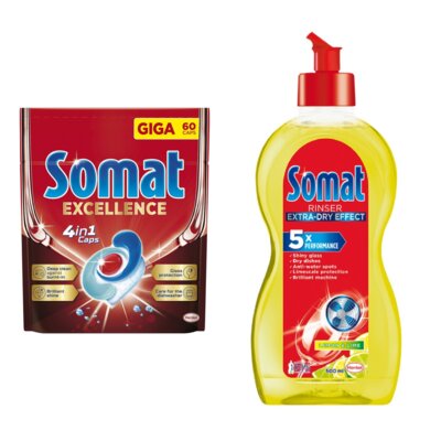 Tabletki do zmywarki SOMAT Excellence 4 in 1 - 60 szt. + Nabłyszczacz do zmywarek SOMAT Lemon & Lime 500 ml