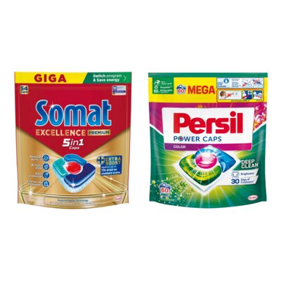 Tabletki do zmywarek SOMAT Excellence Premium 5w1 - 54 szt. + Kapsułki do prania PERSIL Power Caps Color - 60 szt.