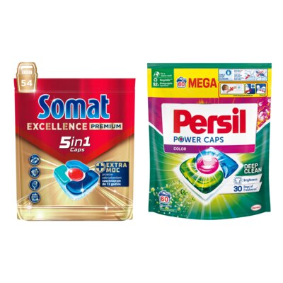 Tabletki do zmywarek SOMAT Excellence Premium 5w1 - 54 szt. + Kapsułki do prania PERSIL Power Caps Color - 60 szt.