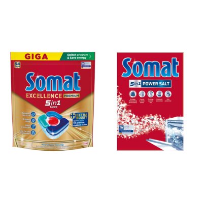 Tabletki do zmywarek SOMAT Excellence Premium 5w1 - 54 szt. + Sól do zmywarek SOMAT 1.5 kg