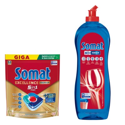 Tabletki do zmywarek SOMAT Excellence Premium 5w1 - 54 szt. + Nabłyszczacz do zmywarek SOMAT Rinser 750 ml