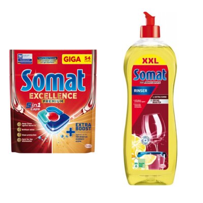 Tabletki do zmywarek SOMAT Excellence Premium 5w1 - 54 szt. + Nabłyszczacz do zmywarek SOMAT Lemon & Lime 750 ml