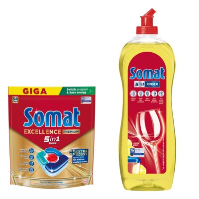 Tabletki do zmywarek SOMAT Excellence Premium 5w1 - 54 szt. + Nabłyszczacz do zmywarek SOMAT Lemon & Lime 750 ml