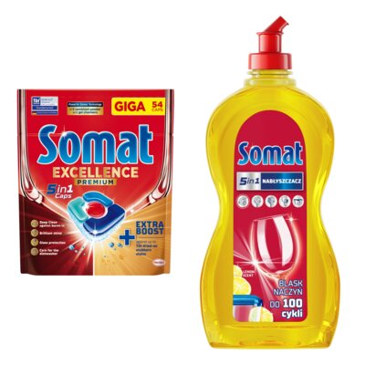 Tabletki do zmywarek SOMAT Excellence Premium 5w1 - 54 szt. + Nabłyszczacz do zmywarek SOMAT Lemon & Lime 500 ml
