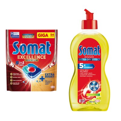 Tabletki do zmywarek SOMAT Excellence Premium 5w1 - 54 szt. + Nabłyszczacz do zmywarek SOMAT Lemon & Lime 500 ml