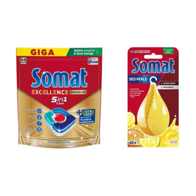 Tabletki do zmywarek SOMAT Excellence Premium 5w1 - 54 szt. + Odświeżacz do zmywarek SOMAT Somat Deo Lemon