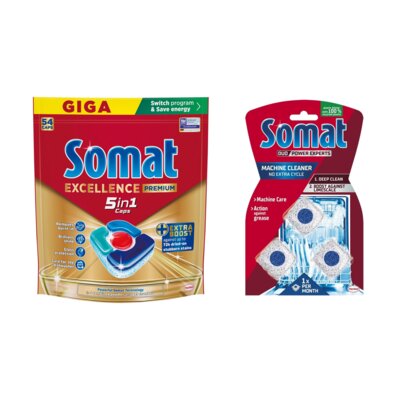 Tabletki do zmywarek SOMAT Excellence Premium 5w1 - 54 szt. + Kapsułki do czyszczenia zmywarki SOMAT Machine Cleaner - 3 szt.