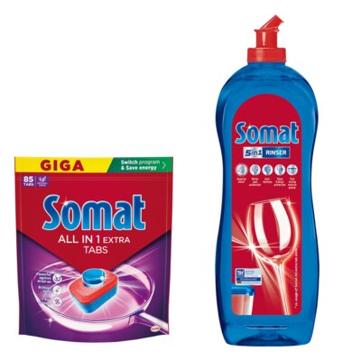 Tabletki do zmywarek SOMAT All In One Extra - 85 szt. + Nabłyszczacz do zmywarek SOMAT Rinser 750 ml