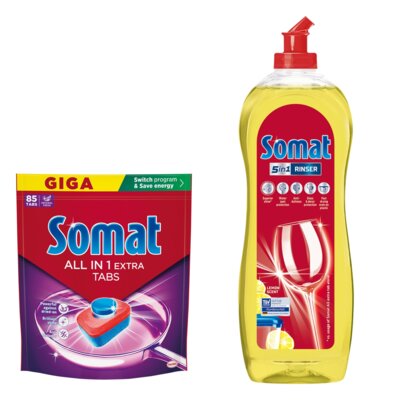 Tabletki do zmywarek SOMAT All In One Extra - 85 szt. + Nabłyszczacz do zmywarek SOMAT Lemon & Lime 750 ml