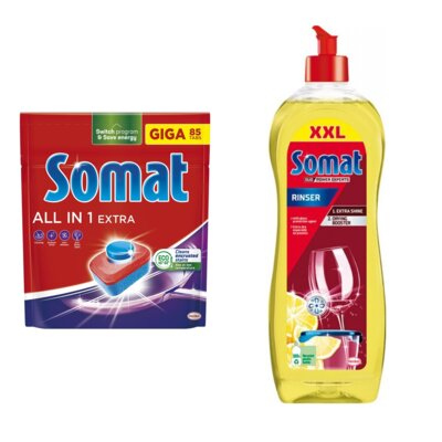 Tabletki do zmywarek SOMAT All In One Extra - 85 szt. + Nabłyszczacz do zmywarek SOMAT Lemon & Lime 750 ml