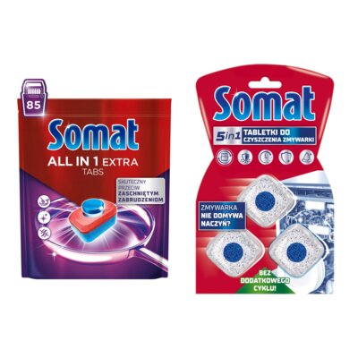 Tabletki do zmywarek SOMAT All In One Extra - 85 szt. + Kapsułki do czyszczenia zmywarki SOMAT Machine Cleaner - 3 szt.