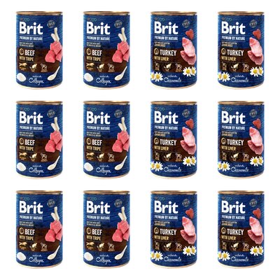 Karma dla psa BRIT Premium by Nature Mix smaków Wołowina z podrobami, Turkey with Liver Indyk z wątróbką 12 x 400 g