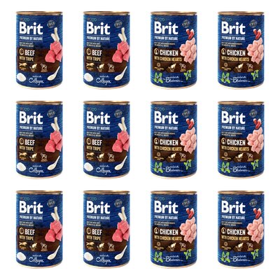 Karma dla psa BRIT Premium by Nature Mix smaków Wołowina z podrobami, Kurczak z sercami 12 x 400 g