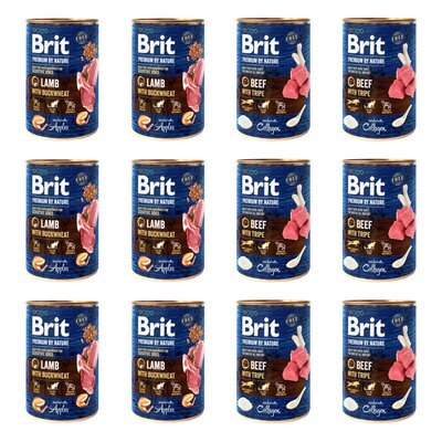 Karma dla psa BRIT Mix smaków Premium By Nature Lamb&Buckwheat Jagnięcina z gryką, Wołowina z podrobami 12 x 400 g