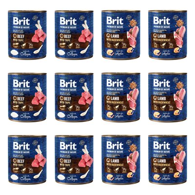 Karma dla psa BRIT Premium by Nature Mix smaków Wołowina z flakami, Jagnięcina z kaszą gryczaną 12 x 800 g