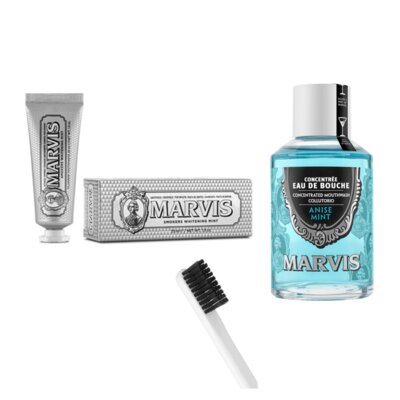 Pasta do zębów MARVIS Smokers Whitening Mint 25 ml + Szczoteczka do zębów MARVIS Soft Biały + Płyn do płukania jamy ustnej MARVIS Anise Mint 120 ml