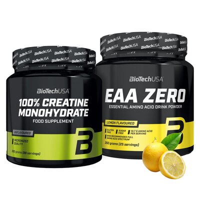 Aminokwasy EAA BIOTECH Zero Cytrynowy (350 g) + Monohydrat kreatyny BIOTECH 100% Creatine Monohydrate (300 g)