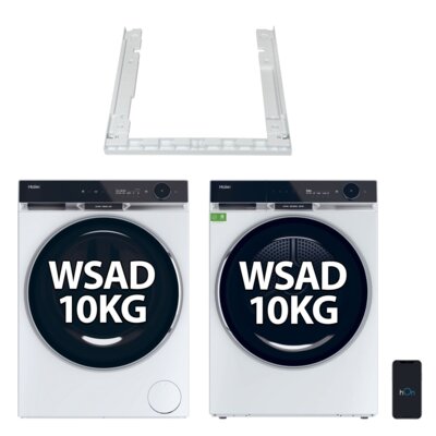Pralka HAIER X11 HW100-BD14397U1S 10kg 1400 obr + Suszarka HAIER X11 HD100-A3Q397U1-S z pompą ciepła 10 kg I-Refresh Pro Ultra Reverse Drum hOn Woolmark Green + Łącznik do pralek i suszarek HAIER HASTKXSE Biały X Series