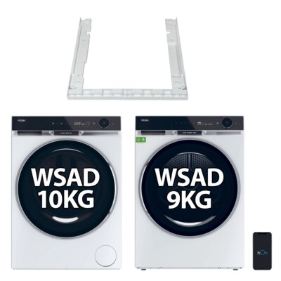 Pralka HAIER X11 HW100-BD14397U1S 10kg 1400 obr + Suszarka HAIER X11 HD90-BQ397U1-S z pompą ciepła 9 kg I-Refresh Pro Ultra Reverse Drum hOn Woolmark Green + Łącznik do pralek i suszarek HAIER HASTKXSE Biały X Series