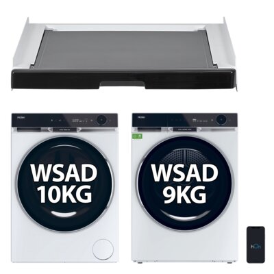 Pralka HAIER X11 HW100-BD14397U1S 10kg 1400 obr + Suszarka HAIER X11 HD90-BQ397U1-S z pompą ciepła 9 kg I-Refresh Pro Ultra Reverse Drum hOn Woolmark Green + Łącznik do pralek i suszarek HAIER HASTKU10B z wysuwaną szufladą Czarny