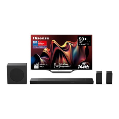 Telewizor HISENSE 65U7NQ 65" MINILED 4K 144Hz VIDAA Full Array Dolby Atmos Dolby Vision HDMI 2.1 + Soundbar HISENSE AX5140Q Czarny 5.1.4-kanałowy, Bezprzewodowy Subwoofer, HDMI eARC, BT, Głośniki Surround, Dolby Atmos