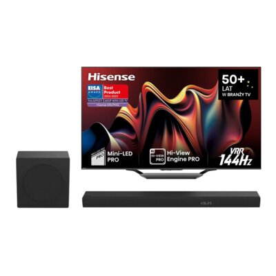 Telewizor HISENSE 65U7NQ 65" MINILED 4K 144Hz VIDAA Full Array Dolby Atmos Dolby Vision HDMI 2.1 + Soundbar HISENSE AX3100Q Czarny 3.1-kanałowy, Bezprzewodowy Subwoofer, HDMI eARC, BT, Dolby Atmos, DTS:X, DTS Virtual:X