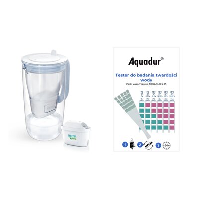 Dzbanek filtrujący BRITA Glass + Wkład Maxtra Pro Pure Performance + Paskowy tester twardości wody AQUADUR 5-25 (5 szt.)